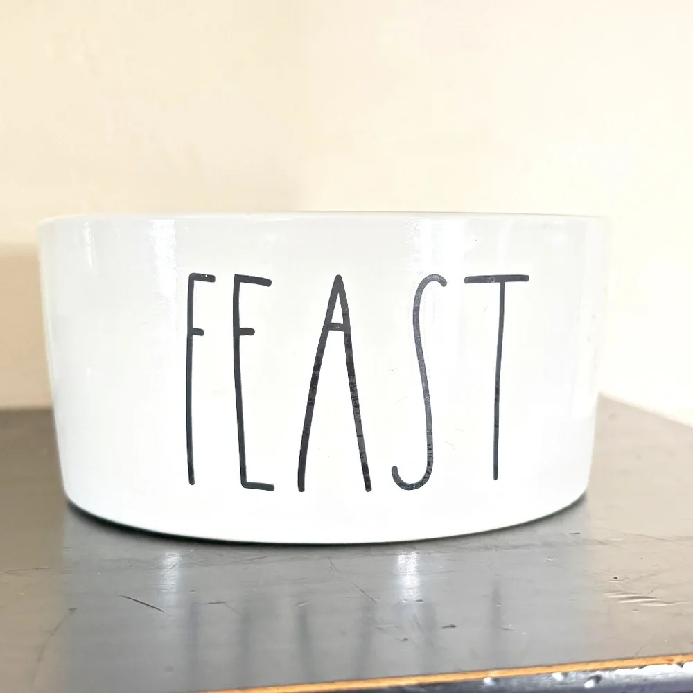 Rae Dunn FEAST dog feeding dish, round white ceramic, black lettering, 6